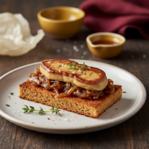 Pain d'épices, oignons confits et foie gras