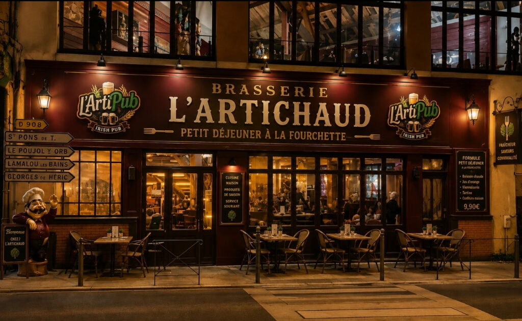 La devanture de L'Artichaud la nuit, terrasse et mascotte